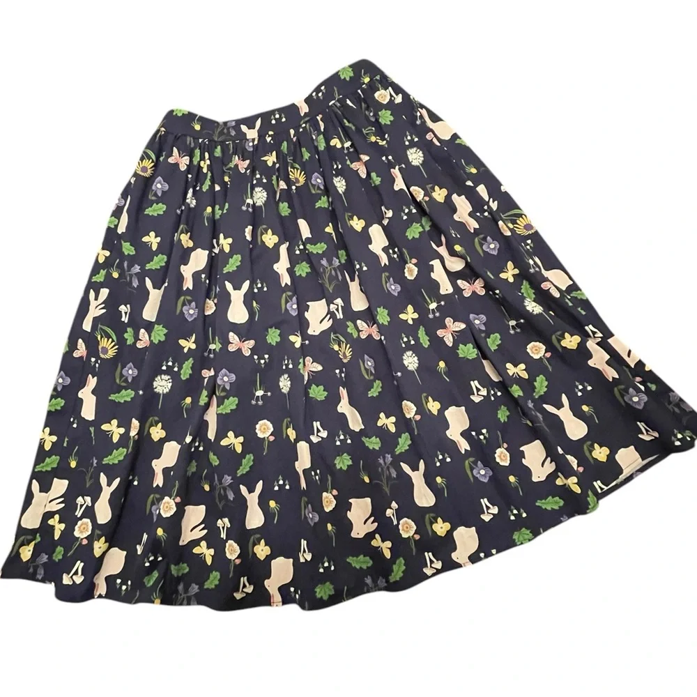 ModCloth x Collectif Spring Skirt Sz 4 Navy Easter Bunnies Butterflies Mushrooms - Picture 2 of 8